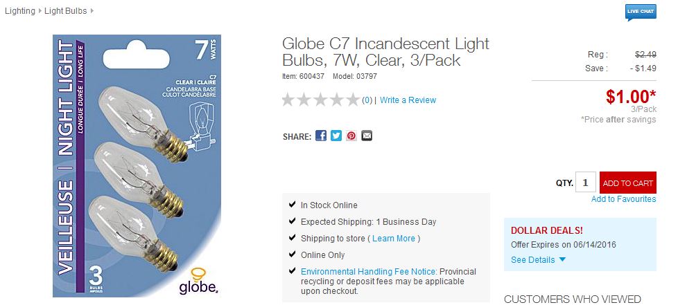 Globe C7 Incandescent Light Bulbs, 7W, Clear, 3/Pack