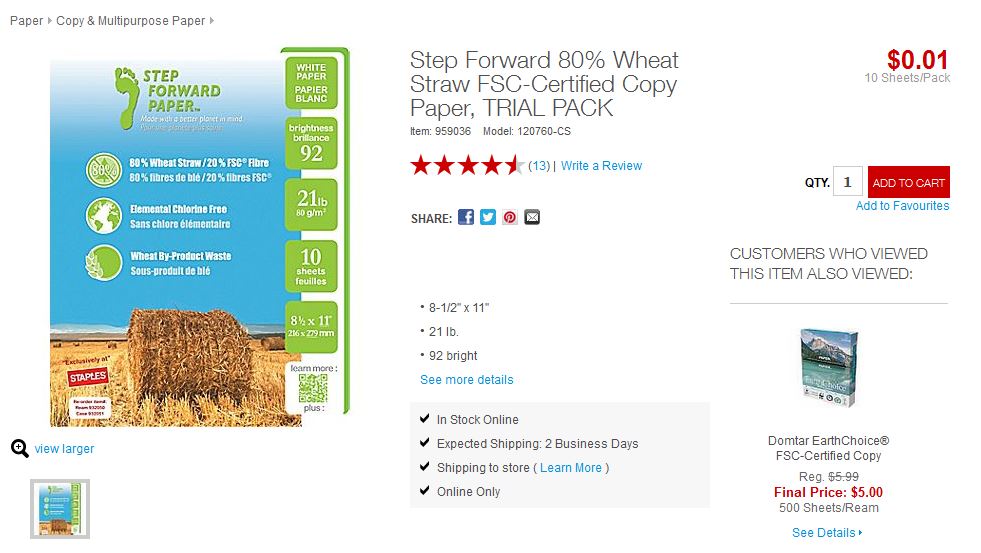 Step Forward 80% Wheat Straw FSC-Certified Copy Paper Ten Sheets Staples Canada