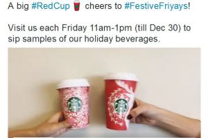 A big #RedCup cheers to #FestiveFriyays! Friday 11am-1pm (till Dec 30) to sip samples of our holiday beverages.