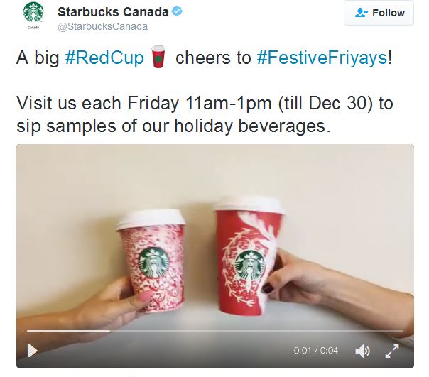 A big #RedCup cheers to #FestiveFriyays! Friday 11am-1pm (till Dec 30) to sip samples of our holiday beverages.